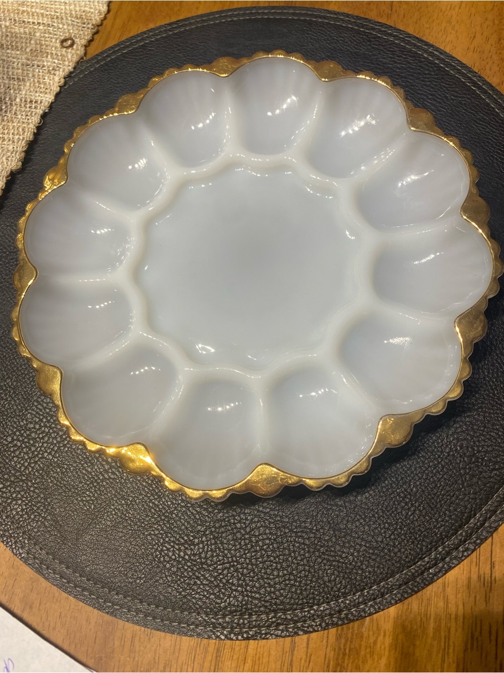 Vintage 1950s Anchor Hocking Fire King milk glass with gold trim deviled egg